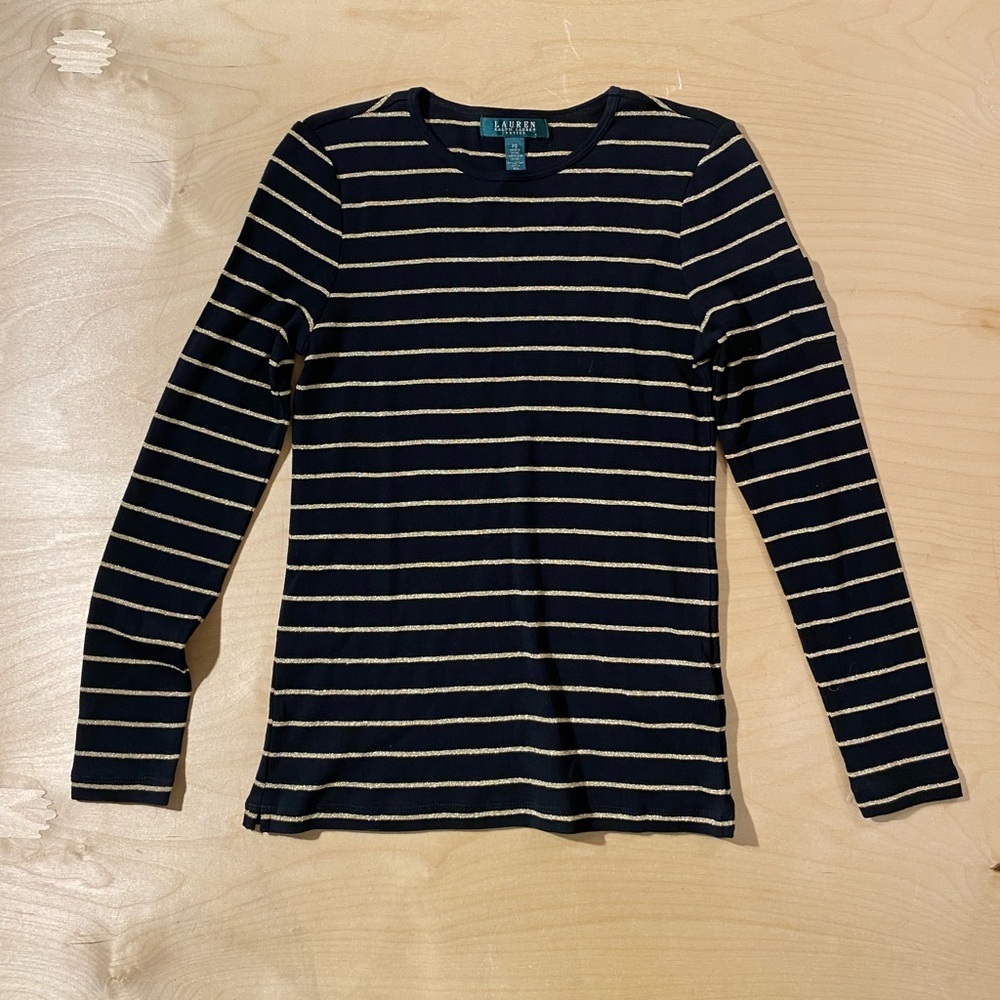 Ralph Lauren Black and Gold Striped Long Sleeve Top PS (QT)